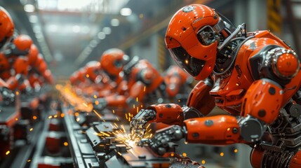 Fototapeta premium Orange robots welding metal with sparks flying. AI generative. .