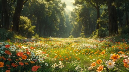 Obraz premium Sunbeams through a forest clearing filled with wildflowers. AI generative. .