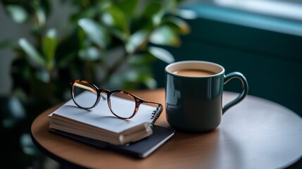 A green coffee mug and reading glasses on top of books on a round table