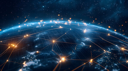 Futuristic solar energy grid with interconnected solar panels, distributing energy to a global network.