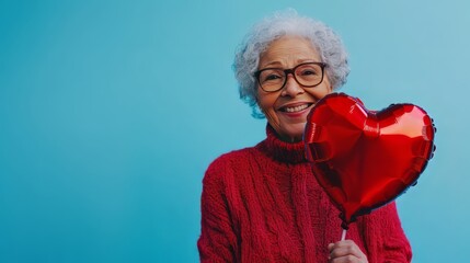 Senior woman holding a heart balloon.