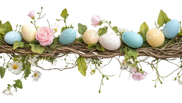 Easter eggs and spring flowers isolated on transparent background