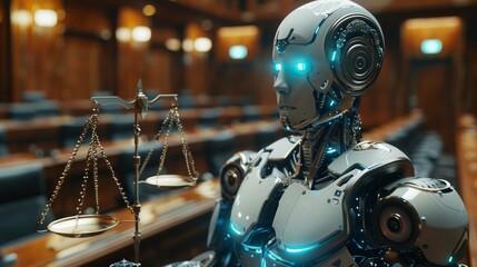 Fototapeta premium A white robot with blue glowing eyes holds a scale of justice in a courtroom. AI generative. .