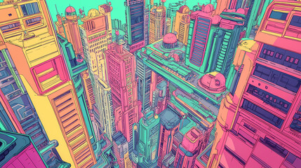Empathic urban planning commission envisions harmonious futuristic metropolis with vibrant cityscape backdrop. Solar Punk. Illustration