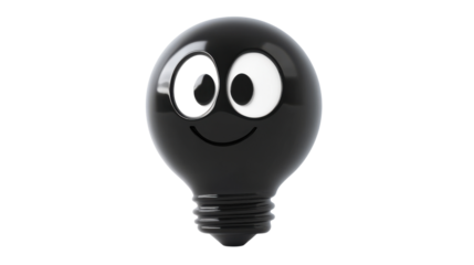 Black light bulb character smiling with one eye open on transparent background