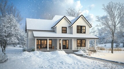 A traditional farmhouse with a thick snow drift closing the front yard, scattered snowflakes falling gently, muted color palette