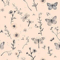 Elegant seamless pattern featuring delicate wildflowers, butterflies, and dragonflies in fine black ink on a soft pink background, ideal for wallpaper, textile, and stationery design
