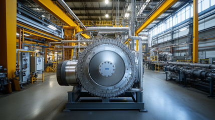 Fototapeta premium A dynamic wide shot showing a heat exchanger in an industrial setting, with the surroundings visible and the machinery illuminated by natural light from windows, open, airy