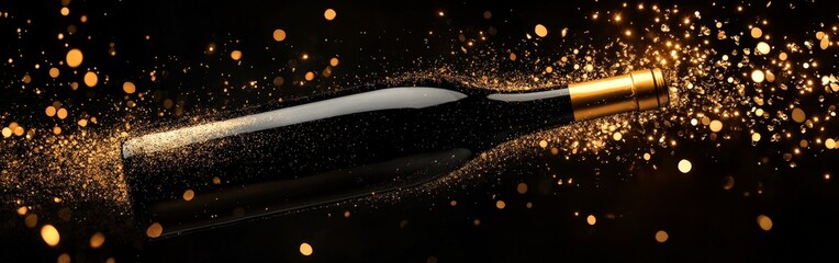A black wine bottle with gold foil floating in sparkling golden dust on a dark background. Perfect for luxury or celebration themes.