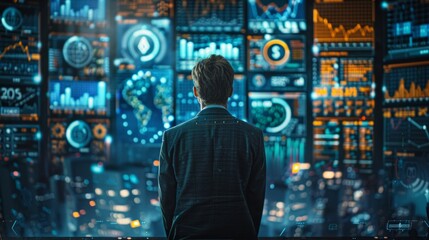A man in a suit stands before a wall of screens displaying data and charts. AI generative. .