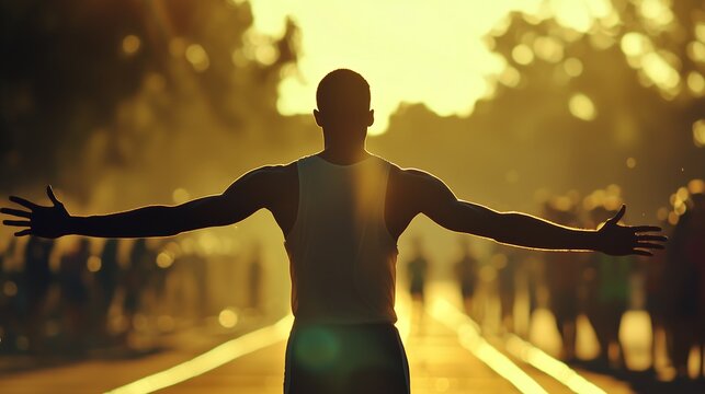 Campe&atilde;o, vencedor, jovem na linha de chegada de uma corrida maratona