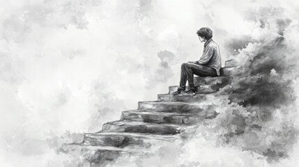 Obraz premium A sketch of a person in despair, sitting on rugged stone steps fading into the clouds, symbolizing a challenging self-improvement journey, pencil art, grayscale, textured details