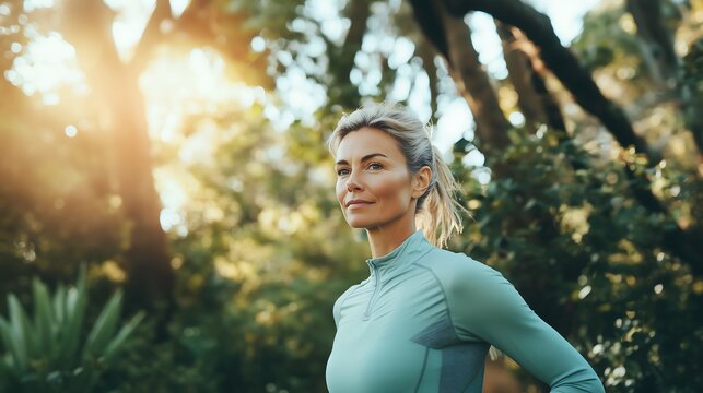 A blonde Woman Exercising with Running and Walking in Nature at the Park; Mulher Praticando Corrida e Caminhada em Meio &agrave; Natureza no Parque
