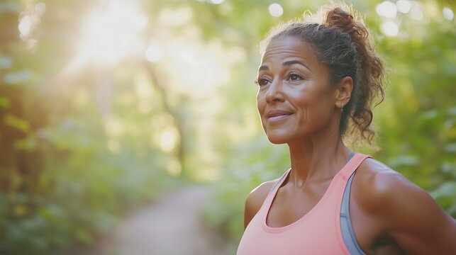 Uma mulher de meia idade fazendo atividade fisica; Woman Walking in Nature at the Park; Mulher Praticando Corrida e Caminhada em Meio &agrave; Natureza no Parque
