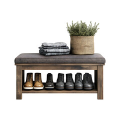 Modern Entryway Bench with Padded Seat and Storage Isolated on Transparent Background