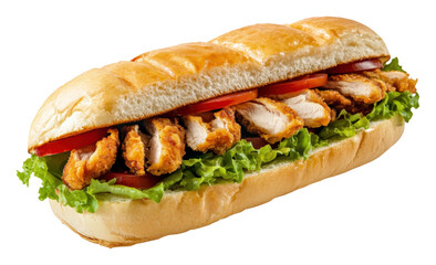 Crispy chicken sandwich with veggies isolated on transparent background