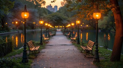Obraz premium A path lined with benches and lamp posts in a park at dusk. AI generative. .