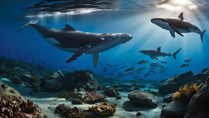 Obraz premium A breathtaking underwater seascape, a rocky seabed covered in coral and seaweed