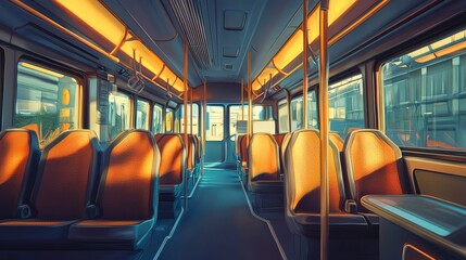 Fototapeta premium A sleek school bus interior with ergonomic seats, clean lines, and soft ambient lighting, emphasizing comfort and modern minimalism, digital illustration, warm tones