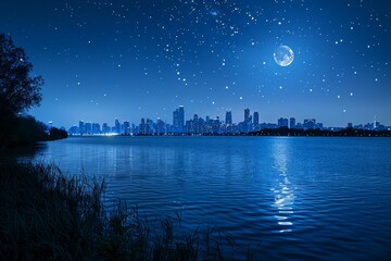 Night cityscape with a moon and stars reflecting on a calm lake. AI generative. .