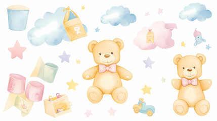 cute watercolor pastel teddy bears