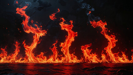 Fiery Inferno Flames Burning on Dark Water Surface