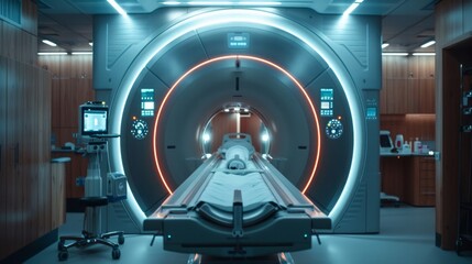 Fototapeta premium Empty medical scanning machine with a bright orange ring inside. AI generative. .