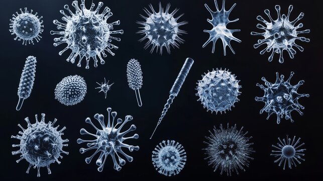 High-resolution close-up of virus and bacteria flat icons, featuring a variety of forms such as spherical, rod-shaped, and spiral designs