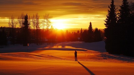 Sunset over a winter golf course, with the last golfer of the day finishing a round on a snow-lined green
