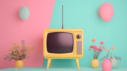 Retro television with video player, colorful decor, and pastel background, evoking nostalgia and vintage vibes in modern design. vintage. illustration. Pastel Nostalgia. Illustration