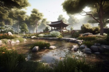 Fototapeta premium A serene Asian-inspired garden with a wooden gazebo, winding stream, lush greenery, and large stones. AI generative. .
