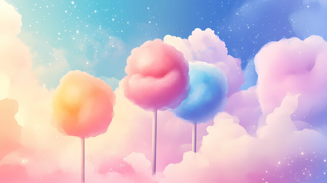 Soft pastel hues of fluffy cotton candy creating a dreamy, whimsical background, evoking nostalgia and sweetness, perfect for a playful design. Pastel Nostalgia. Illustration