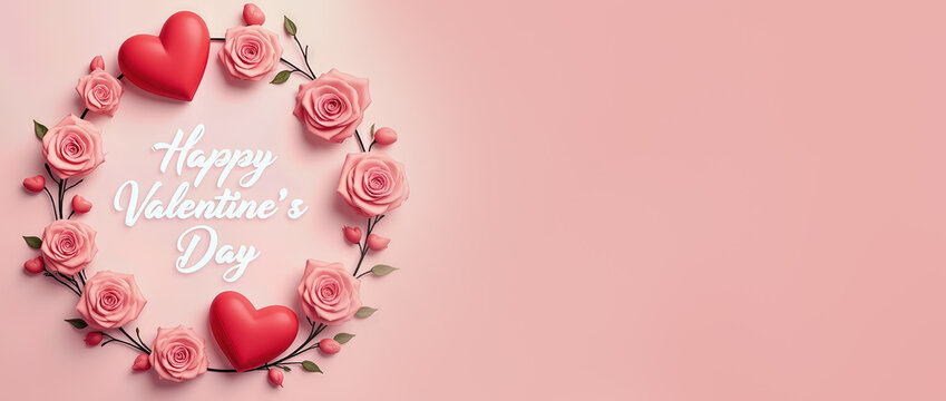 Heart-shaped arrangement features red hearts and pink roses themed for Valentine's Day. The soft pink background accentuates the festive decor, creating a romantic atmosphere