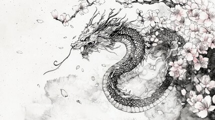 Serpent-like dragon flying through cherry blossoms, delicate petal details, hand-drawn black ink illustration