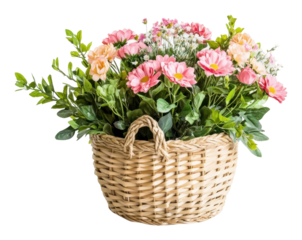 Colorful floral arrangement in a woven basket isolated on transparent background