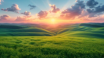 Obraz premium Rolling green hills with a colorful sunset in the background. AI generative. .