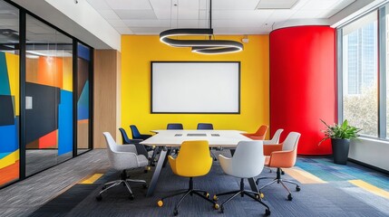 Modern Collaborative Workspace with Colorful Design and Lighting