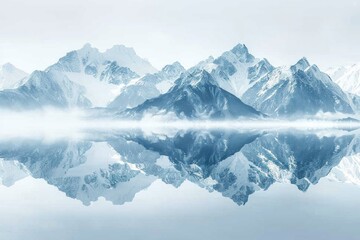 Obraz premium Snowy mountain peaks reflected in a still lake. AI generative. .