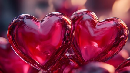 Fototapeta premium Two glistening red hearts close-up.