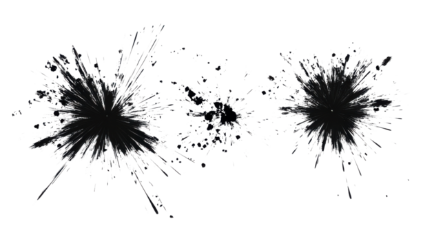 Black paint splattering on transparent background with radial composition