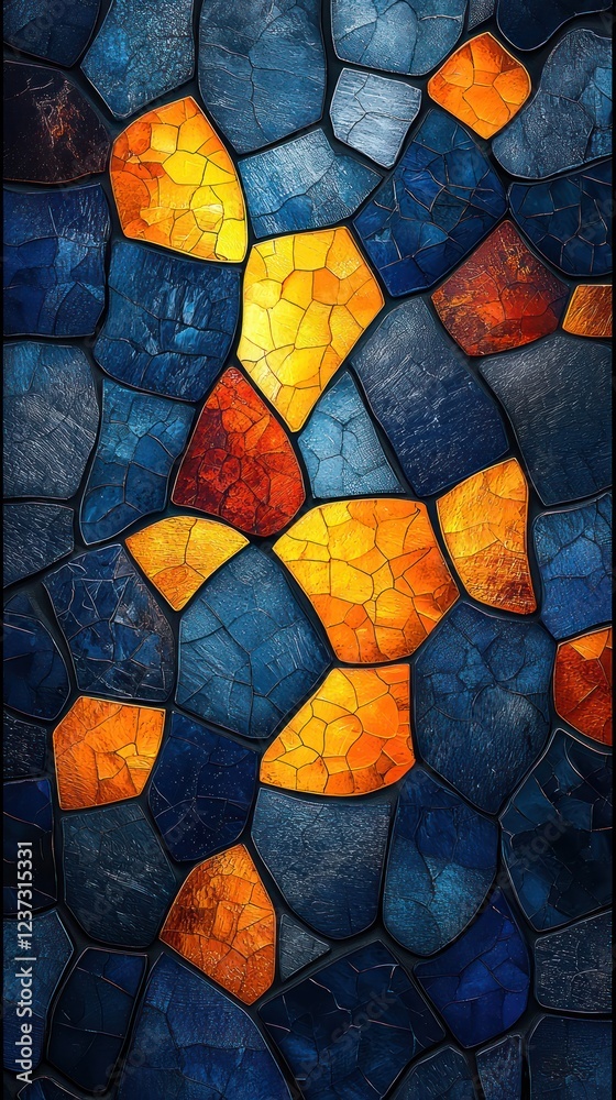 Poster a mosaic-like pattern of orange and blue shapes forming a unique abstract style.