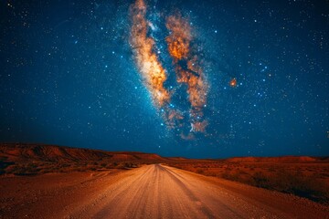 Naklejka premium A long, winding dirt road through a desert under a dark blue sky with a bright orange Milky Way. AI generative. .