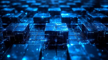 Obraz premium Blue digital cubes network; data flow, technology background; abstract concept for tech websites.
