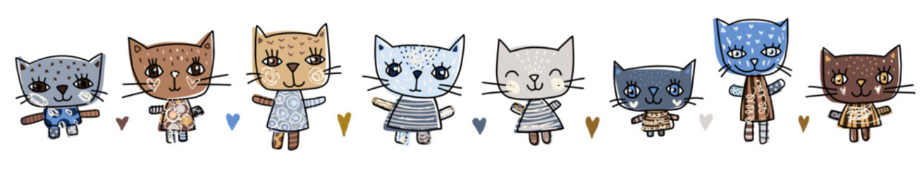 Cute set with hand drawn doodle vector cats in simple childish style for nursery decor