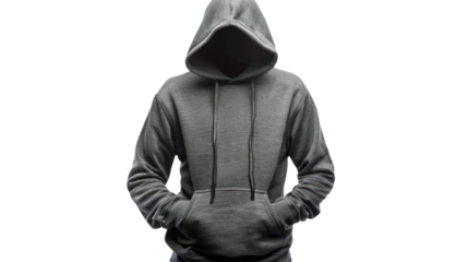 Hooded man hiding face with hands in pockets on transparent background