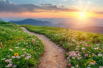 A dirt path leads through a field of wildflowers at sunset with mountains in the distance. AI generative. .