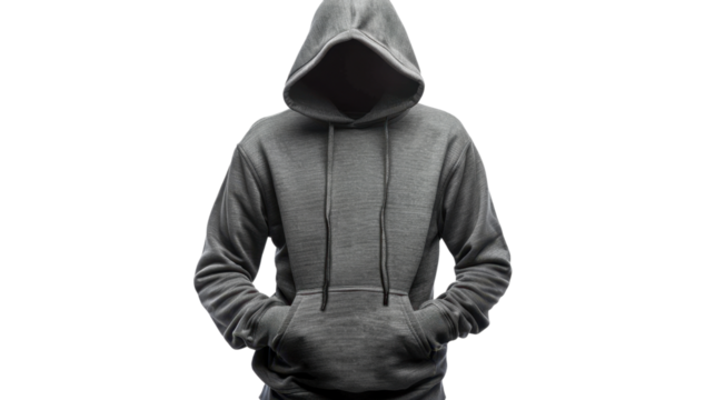 Hooded man hiding face with hands in pockets on transparent background - Powered by Adobe