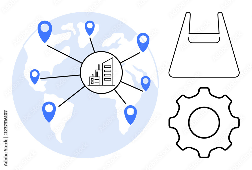 Wall mural World map with blue location pins connected to a central industry icon, next to a shopping bag and gear. Ideal for logistics, supply chain, global trade, e-commerce, manufacturing, retail