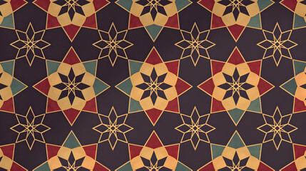 A geometric pattern featuring stars and shapes in warm colors on a dark background.