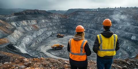 Two workers in safety gear inspecting an open mining site surrounded by rocky terrain and autumn trees. A great visual for industrial, construction, and resource extraction themes.